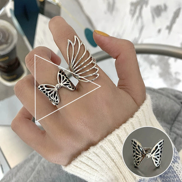 S925 Silver Plated Wide Brimmed Retro Fashion Heavy Industry Geometric Wave Open Finger Ring For Women Copper Material With Electroplating