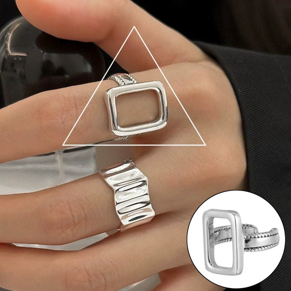 S925 Silver Plated Wide Brimmed Retro Fashion Heavy Industry Geometric Wave Open Finger Ring For Women Copper Material With Electroplating