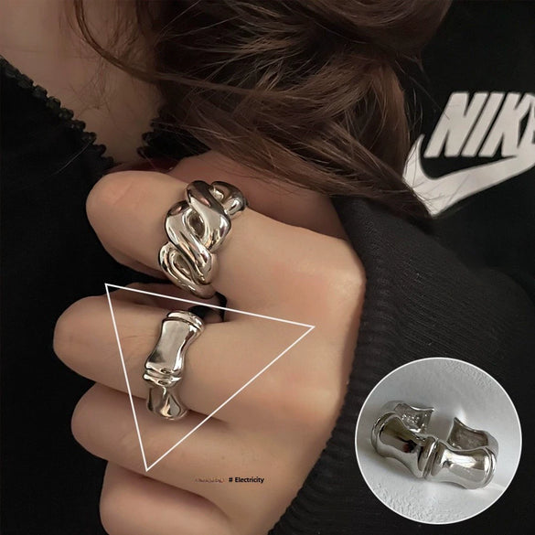 S925 Silver Plated Wide Brimmed Retro Fashion Heavy Industry Geometric Wave Open Finger Ring For Women Copper Material With Electroplating
