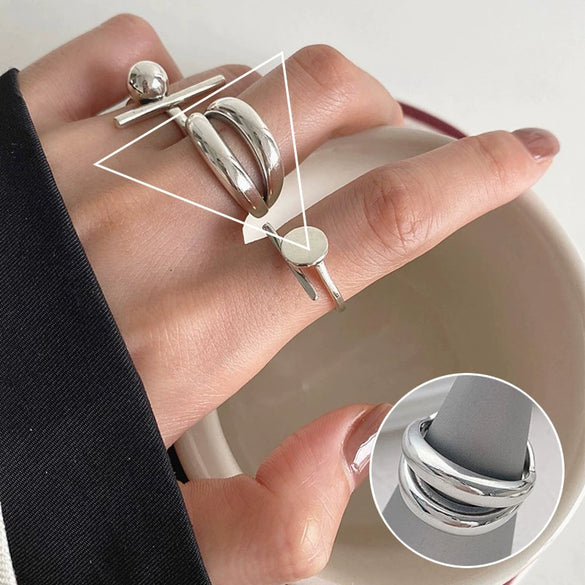 S925 Silver Plated Wide Brimmed Retro Fashion Heavy Industry Geometric Wave Open Finger Ring For Women Copper Material With Electroplating