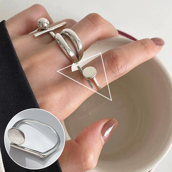 S925 Silver Plated Wide Brimmed Retro Fashion Heavy Industry Geometric Wave Open Finger Ring For Women Copper Material With Electroplating