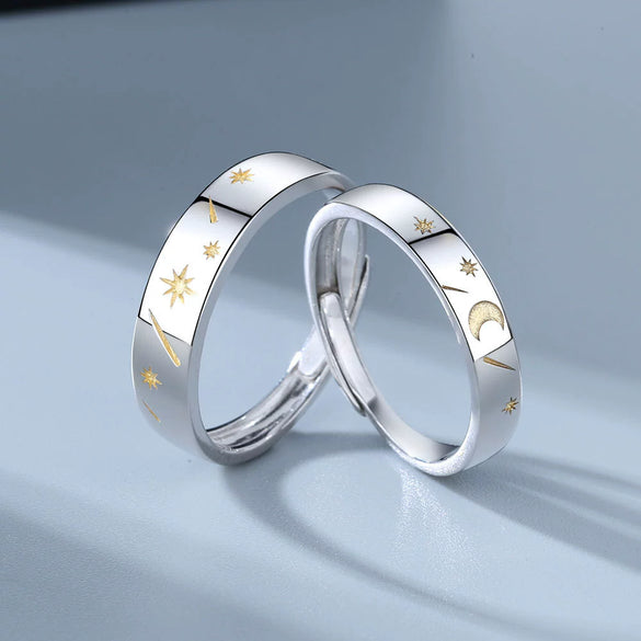 S925 Silver Sun Moon And Star Geometric Couple Rings Adjustable Open Ring Pair Electroplated Matching Rings For Women And Men