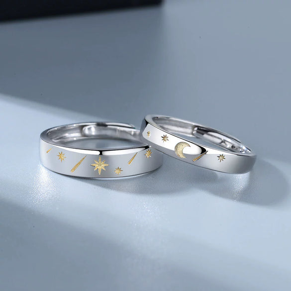 S925 Silver Sun Moon And Star Geometric Couple Rings Adjustable Open Ring Pair Electroplated Matching Rings For Women And Men
