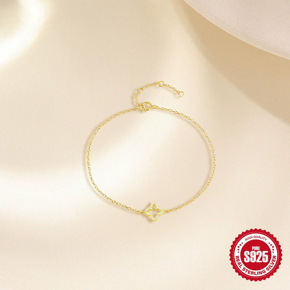 S925 Silver Women's Four Leaf Clover Geometric Style Electroplated Bracelet
