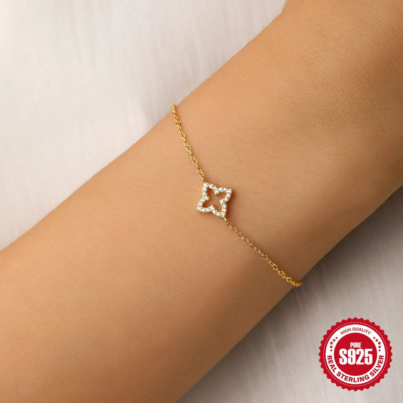 S925 Silver Women's Four Leaf Clover Geometric Style Electroplated Bracelet