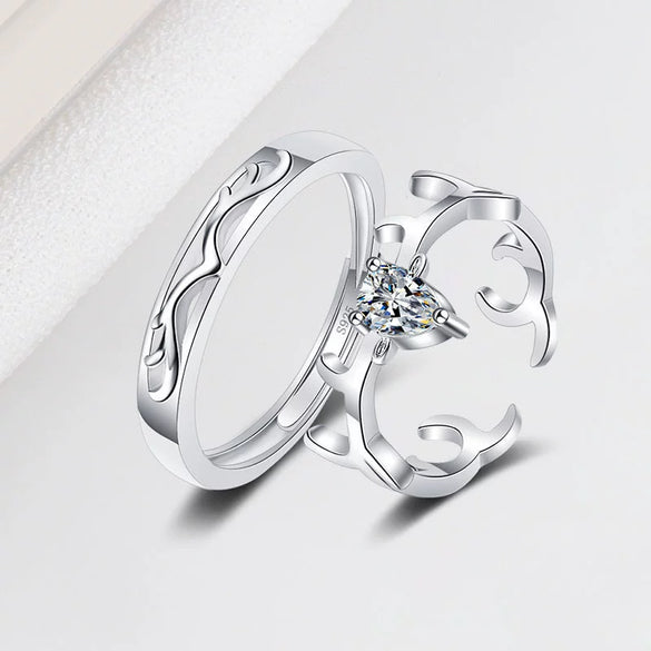 S925 Sterling Silver Adjustable Couple Rings Simple Geometric Antler Design Electroplated Matching Ring Set For Men And Women