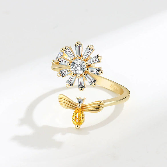 S925 Sterling Silver Adjustable Daisy Flower Bee Ring For Women Elegant Rotatable Floral Design With Electroplated Finish
