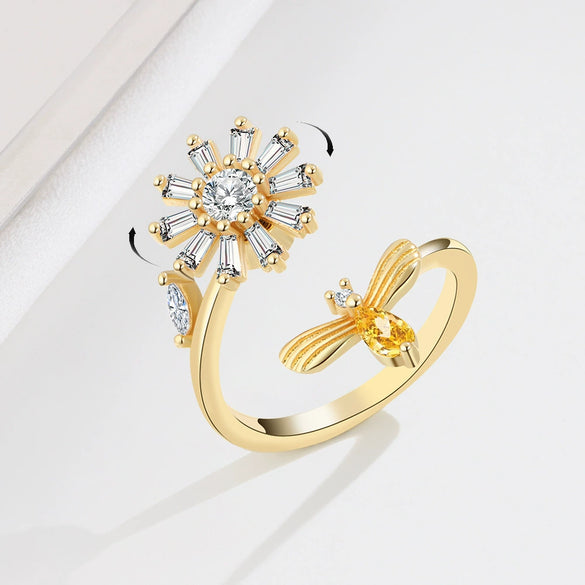 S925 Sterling Silver Adjustable Daisy Flower Bee Ring For Women Elegant Rotatable Floral Design With Electroplated Finish