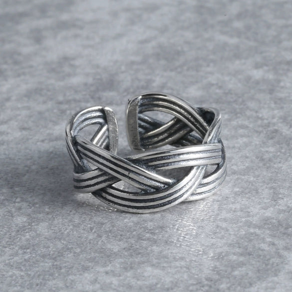S925 Sterling Silver Adjustable Open Ring With Winding Wave Pattern Geometric Retro Design Unisex Fashion Jewelry