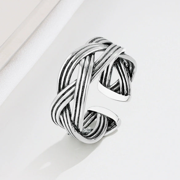 S925 Sterling Silver Adjustable Open Ring With Winding Wave Pattern Geometric Retro Design Unisex Fashion Jewelry