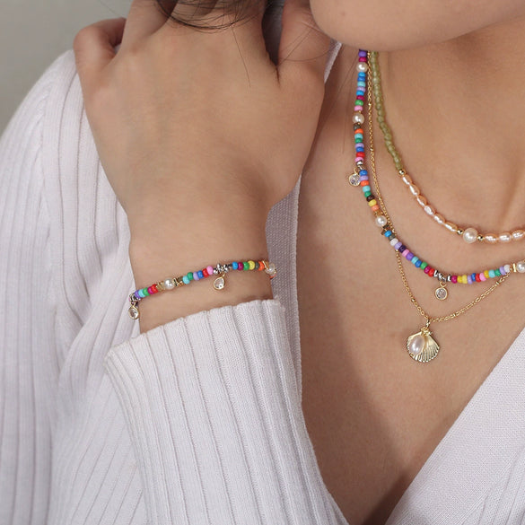 S925 Sterling Silver And Pearl Bracelet With Colorful Glass Beads Zircon Tassel Pendant And Geometric Design Electroplated