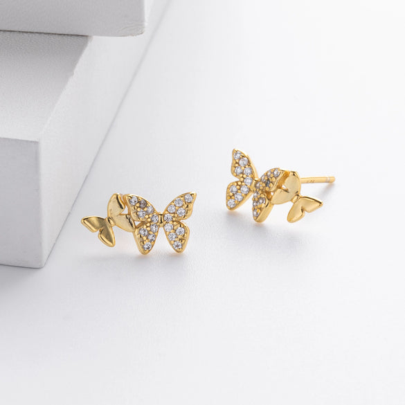 S925 Sterling Silver Animal Butterfly Electroplated Microencrusted Stone Tassel Earrings