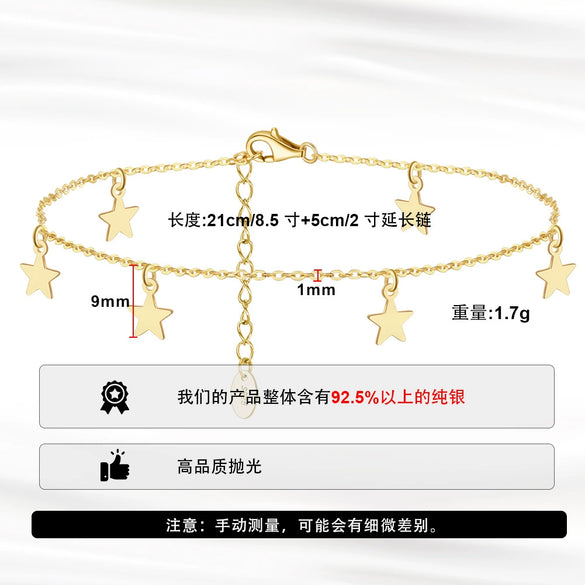 S925 Sterling Silver Anklet Geometric Style Fivepointed Stars