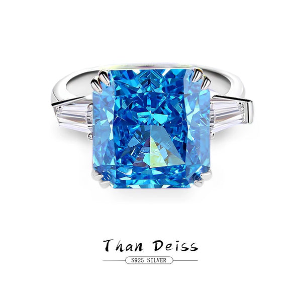 S925 Sterling Silver Aquamarine Ring With High Carbon Diamond And Geometric Style Princess Square Ice Flower Cut Simulation Diamond For Women