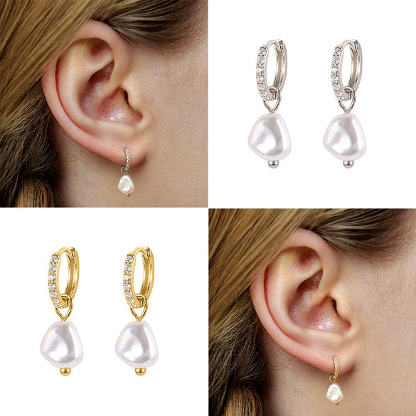S925 Sterling Silver Baroque Pearl Earrings With Diamond Ear Buckle Electroplated Geometric Style