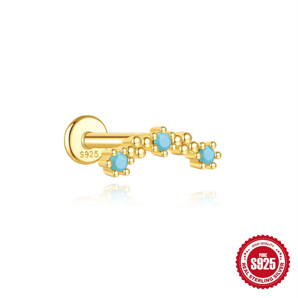 S925 Sterling Silver Blue Pine Single Layer Stacked Smiley Geometric Design Electroplated Piercing Earrings Ear Cuffs For Women