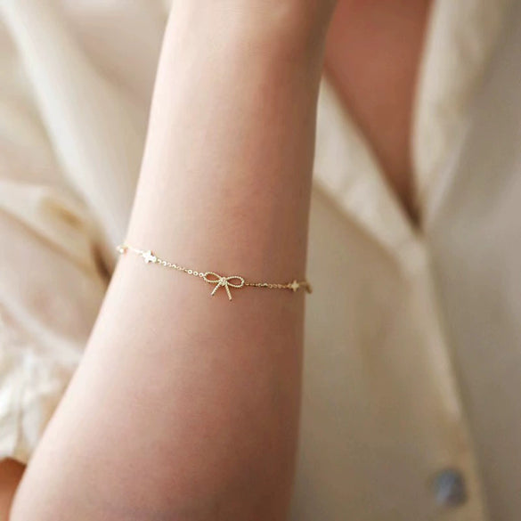 S925 Sterling Silver Bow And Flower Patterned Bracelet For Women 14K Gold Plated
