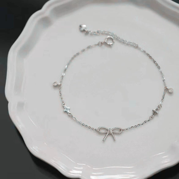 S925 Sterling Silver Bow And Flower Patterned Bracelet For Women 14K Gold Plated