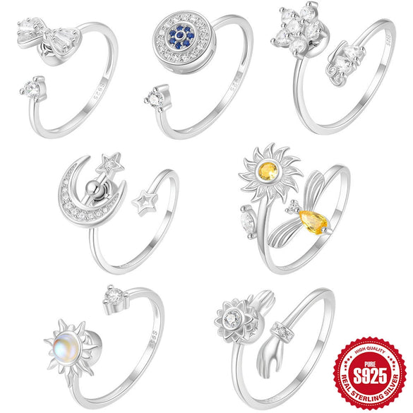 S925 Sterling Silver Bow Element Creative Rotary Decompression Opening Adjustable Ring With Geometric Pattern And Real Gold Plating