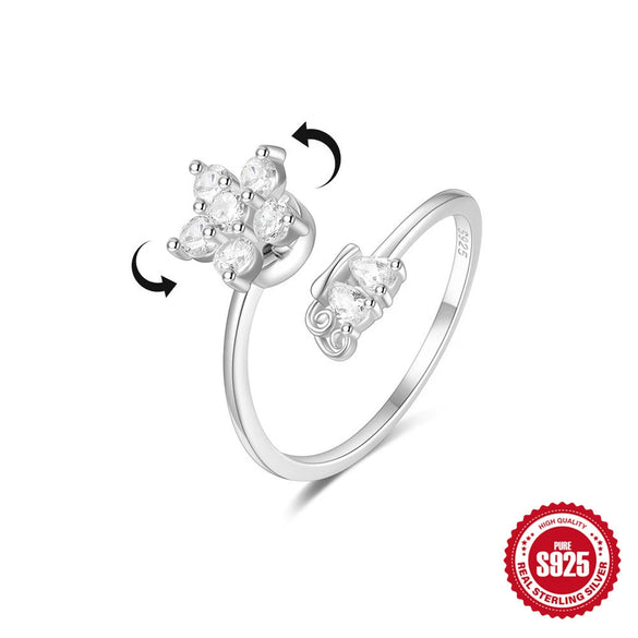 S925 Sterling Silver Bow Element Creative Rotary Decompression Opening Adjustable Ring With Geometric Pattern And Real Gold Plating