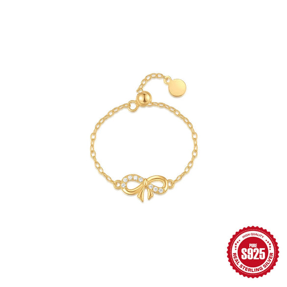 S925 Sterling Silver Bow Inlaid Zircon Adjustable Chain Opening Finger Ring With Geometric Design And Electroplating Treatment
