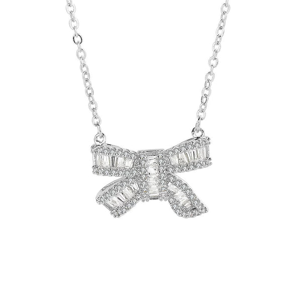 S925 Sterling Silver Bow Necklace With Micro Inlaid Zircon Pendant Electroplated Cross Chain Sweet Fresh Style For Women
