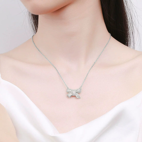 S925 Sterling Silver Bow Necklace With Micro Inlaid Zircon Pendant Electroplated Cross Chain Sweet Fresh Style For Women