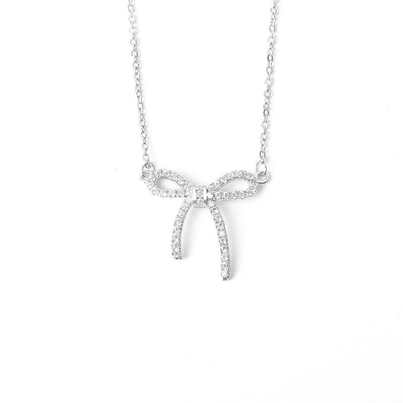 S925 Sterling Silver Bow Pendant Necklace With Mixed Gem Accent Cross Chain Electroplated Clavicle Chain For Women