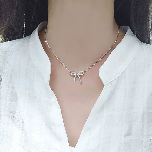 S925 Sterling Silver Bow Pendant Necklace With Mixed Gem Accent Cross Chain Electroplated Clavicle Chain For Women