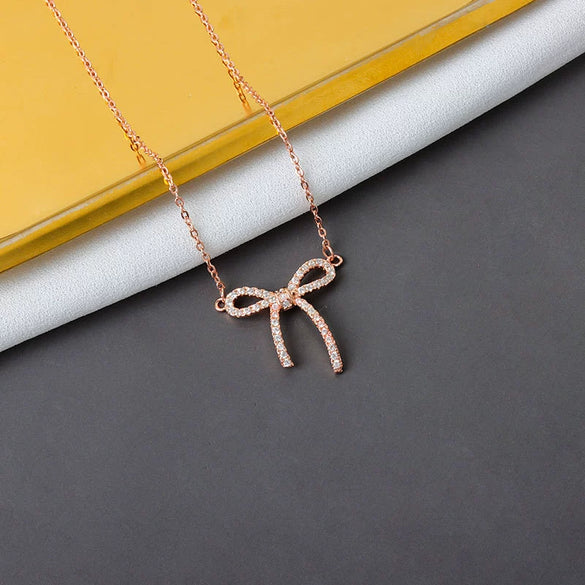S925 Sterling Silver Bow Pendant Necklace With Mixed Gem Accent Cross Chain Electroplated Clavicle Chain For Women