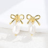 S925 Sterling Silver Bow Shaped Natural Freshwater Pearl Inlaid Earrings For Women