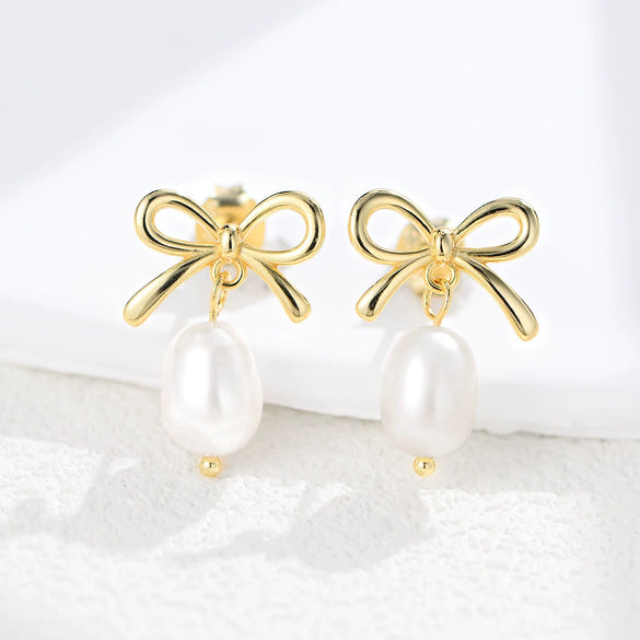S925 Sterling Silver Bow Shaped Natural Freshwater Pearl Inlaid Earrings For Women