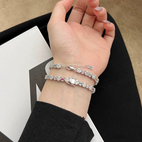 S925 Sterling Silver Bracelet With Colorful Zircon Inlaid Geometric Pattern Electroplated Light Luxury Women's Hand Ornament