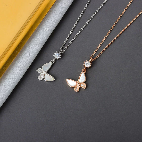 S925 Sterling Silver Butterfly Clavicle Necklace With Mixed Gem Inlay Electroplated Simple Elegant Animal Pendant Cross Chain For Women