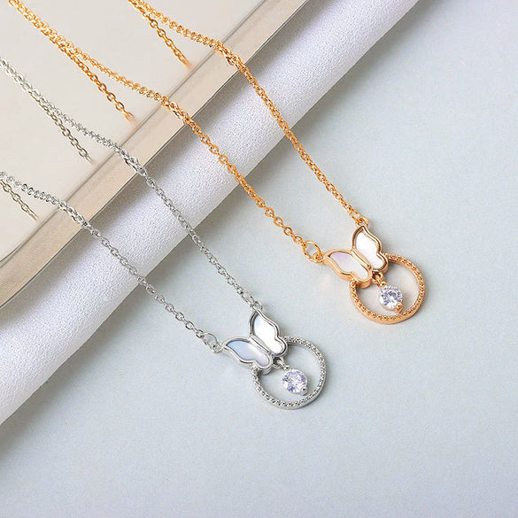 S925 Sterling Silver Butterfly Pendant Necklace With Mixed Gem Electroplated Cross Chain Simple Elegant Clavicle Necklace For Women