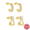 S925 Sterling Silver C Shaped Hollow Pearl Double Layer Ring Row Diamond Earrings With Electroplating For Women Geometric Style
