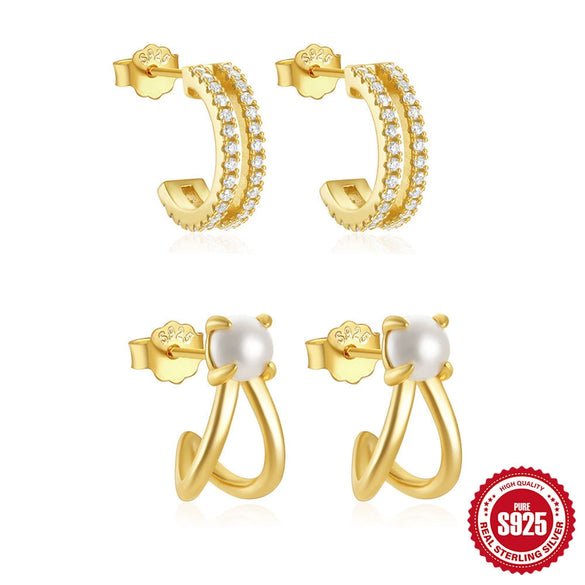 S925 Sterling Silver C Shaped Hollow Pearl Double Layer Ring Row Diamond Earrings With Electroplating For Women Geometric Style