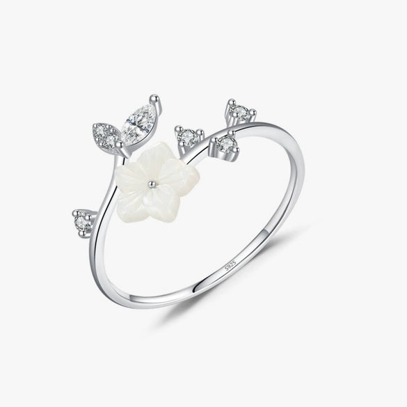 S925 Sterling Silver Camellia Shell Inlay Opening Ring For Women