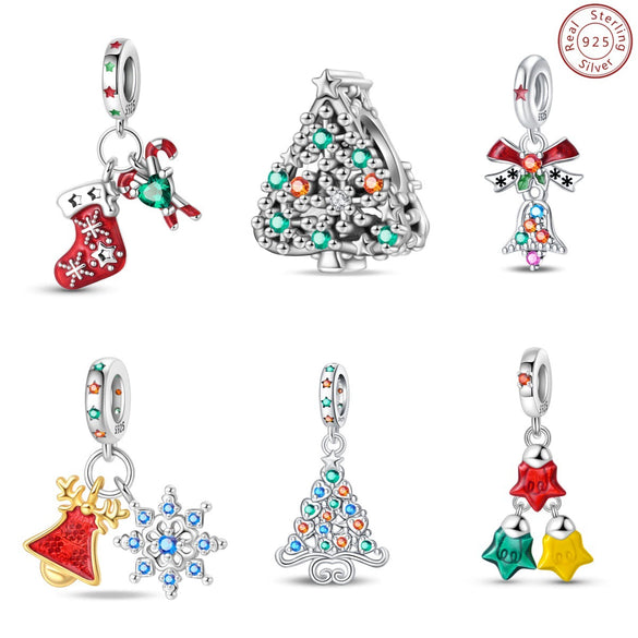 S925 Sterling Silver Christmas Tree Snowman Charm Diy Bracelet Accessories With Dripping Oil Design