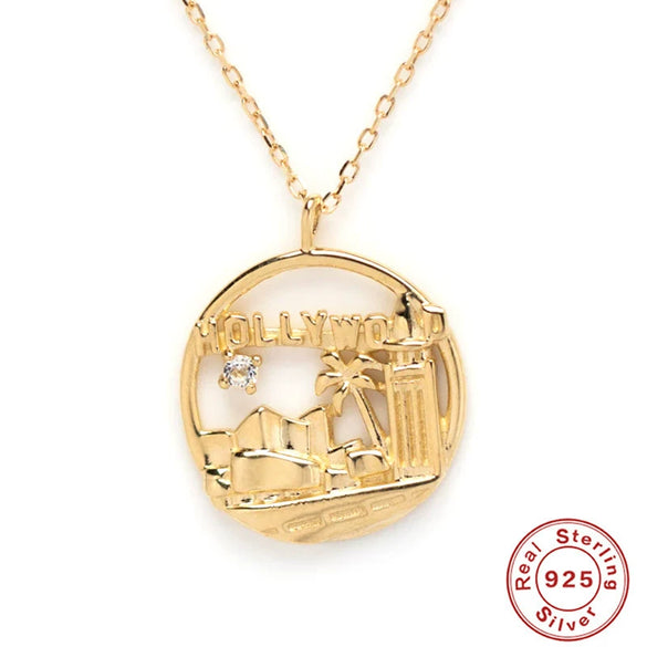 S925 Sterling Silver City Architecture Pendant Women's Collarbone Necklace With Geometric Design And Electroplating