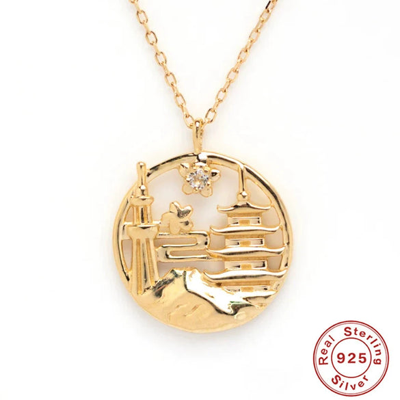 S925 Sterling Silver City Architecture Pendant Women's Collarbone Necklace With Geometric Design And Electroplating