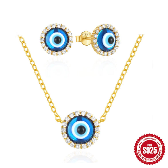 S925 Sterling Silver Classic Devil's Eye Stud Earrings And O Chain Necklace Combination Accessories With Electroplating For Women