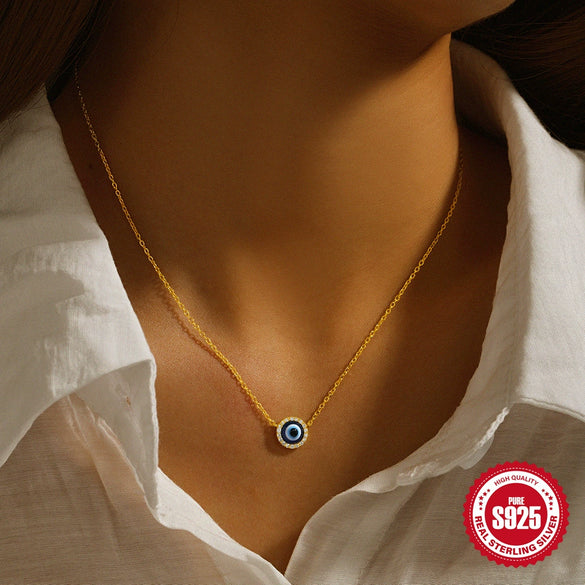 S925 Sterling Silver Classic Devil's Eye Stud Earrings And O Chain Necklace Combination Accessories With Electroplating For Women
