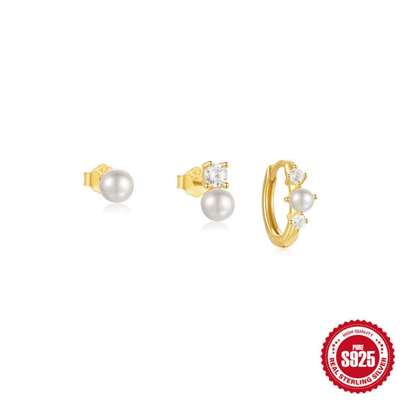 S925 Sterling Silver Classic Pearl Petal Zircon All Match Women's Earrings With Geometric Pattern And Electroplating