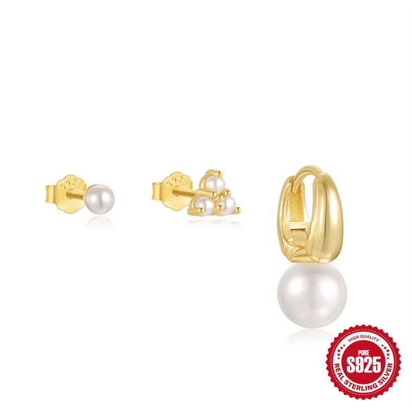 S925 Sterling Silver Classic Pearl Petal Zircon All Match Women's Earrings With Geometric Pattern And Electroplating