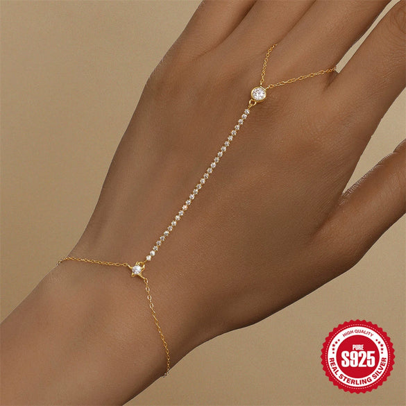S925 Sterling Silver Claw Set Tassel Chain Geometric Ring Bracelet With Electroplating And Real Gold Plating