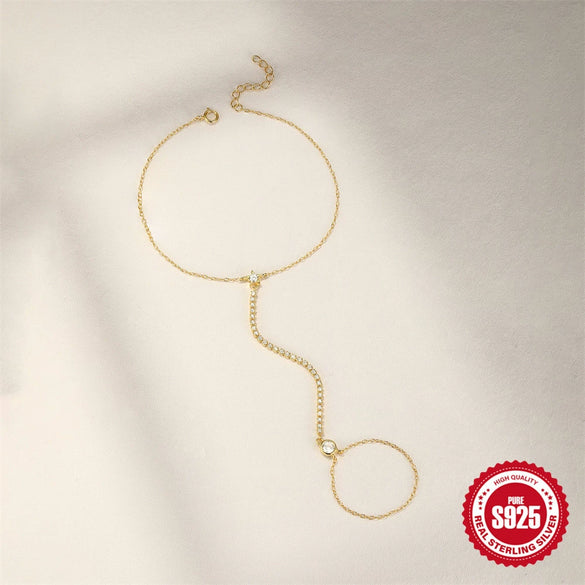 S925 Sterling Silver Claw Set Tassel Chain Geometric Ring Bracelet With Electroplating And Real Gold Plating