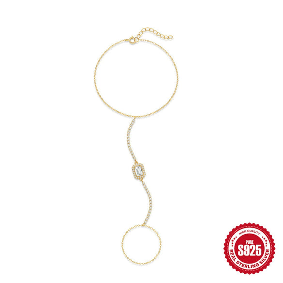 S925 Sterling Silver Clawset Tassel Chain Rectangular Geometric Pattern Electroplated Gold Plated Women's Bracelet Ring Chain