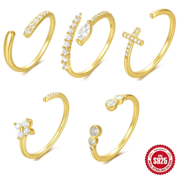 S925 Sterling Silver Curved Petal Single Row Diamondencrusted Luxury Stacked Open Ring With Real Gold Electroplating And Geometric Design For Women