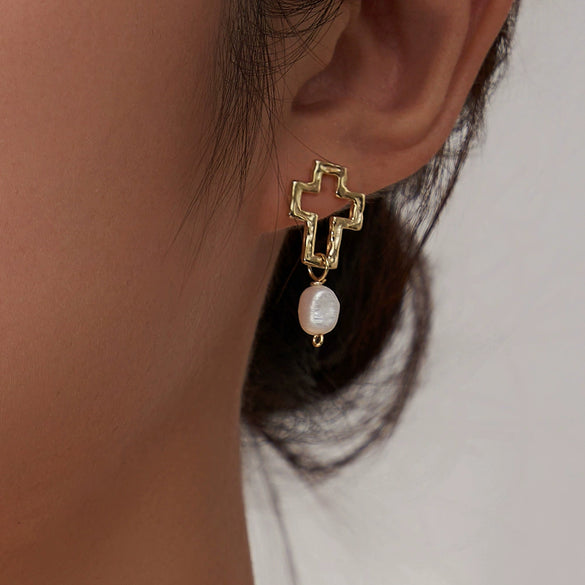 S925 Sterling Silver Cut Out Cross Natural Pearl Pendant Ear Necklace Jewelry Electroplated Women's